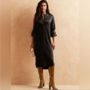 Banana Republic Black Satin Button Down Shirt Dress Small Tall